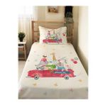 EVMİLA Hayvanlar Arabası Desenli Bebek Ve Çocuk Baskılı Tek Kişilik Pike Takımı 160x230 Beyaz