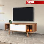 EVMO Home 3326 Mesir Tv Ünitesi 130 cm ( Ahşap Ayaklı , Metal Kulplu ) Söğüt - Beyaz - Kahverengi - Beyaz