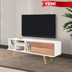 EVMO Home 3330 Ela Tv Ünitesi 130 cm ( Ahşap Ayaklı ) , Beyaz - Söğüt - Beyaz - Kahverengi