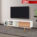 EVMO Home 3630 Ela Tv Ünitesi 160 cm ( Ahşap Ayaklı ) , Beyaz - Söğüt - Beyaz - Kahverengi
