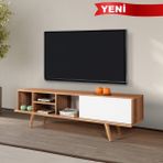 EVMO Home 3633 Ela Tv Ünitesi 160 cm ( Ahşap Ayaklı ) , Söğüt - Beyaz - Kahverengi - Beyaz