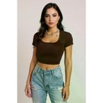 evolise LUXIM-5059 Kadın Kahverengi Yarım Kol Düz Yaka Crop Top Bluz - Şık, Rahat Ve Kolay Kombinlenebilir