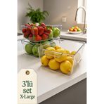EVONİTA 3’lü Set X-Large Şeffaf Buzdolabı Düzenleyici Saklama Kutusu Sebze Meyve Organizer