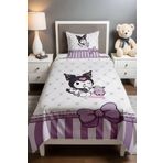 EVPANYA Mor Fiyonklu Uykucu Kuromi Desenli Tek Kişilik Bebek Çocuk Pike Seti