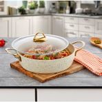 Evren 28 cm Cream Ezme Seri Basık Tencere, Non-Stick Pilav Karnıyarık Tenceresi 3,6 Lt (Gold Çelik Kulp)