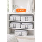 Evsella 5’li Çiçek Desenli Çizgili Pencereli Beyaz Baza Altı Çekyat Hurç Organizer 60×40×22 cm - 5 Adet - 60 x 40 x 22