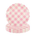 EVYIENEN 50 adet açık pembe yelpaze şeklinde kağıt tabak, 17,8 cm çizgili tatlı tabağı, pasta, salata, meyve için, tek kullanımlık dekoratif akşam yemeği, tatlı servis tabağı, doğum günü, parti