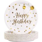 EVYIENEN 50 Adet Happy Birthday Beyaz Altın Kağıt Tabak, 17,8 cm Parti Tabağı Altın Folyo Parti Tek Kullanımlık Tatlı Tabağı Seti, Kağıt Tabak, Doğum Günü, Parti Tabağı Seti, Piknik, Mezuniyet için
