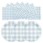EVYIENEN 50 adet mavi yelpaze şeklinde kağıt tabak ve peçete seti, 25 x 17,8 cm, tatlı tabağı, 25 x 16,5 cm, peçete, parti, tek kullanımlık set, doğum günü, bebek, duş, parti malzemeleri için