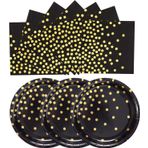 EVYIENEN 50 adet siyah ve altın kağıt tabak ve peçete, 25 x 17,8 cm, tatlı tabağı, 25 x 16,5 cm, peçete, parti, tek kullanımlık set, kağıt tabak, doğum günü, parti tabağı seti, piknikler için