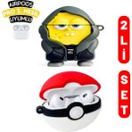 Ewec 2'li Set - Pro 2. Nesil Uyumlu Hoodie Sünger Bob ve Poke Topu Figürlü İkili Kulaklık Kılıfı Seti - Açık Sarı