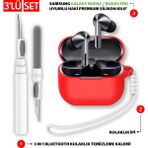 Ewec Samsung Galaxy Buds3 ve Pro Uyumlu Silikon Kılıf Kulaklık İpi ve Temizleme Kalemi Seti - Kırmızı