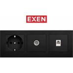 Exen Siyah Topraklı Priz + Uydu + Telefon Prizi Seti Mekanizma + Çerçeve Sıva Altı
