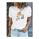 EXPECTED Kadın Beyaz Kedi Baskılı Tişört - Yuvarlak Yaka, Kısa Kollu Pamuklu Oversize Şık Günlük T-shirt