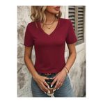 EXPECTED Kadın Bordo V Yaka Tişört Yazlık Regular Fit Basic Baskısız Günlük Şık Salaş T-shirt