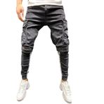 Expeum Kot Pantolon Pantolon Denim Streç Sokak Trendy Yırtık Delik Yıkanmış Fermuar Birden Çok Cepli Bacak Bağlama Erkekler için, gri, 3XL-4XL