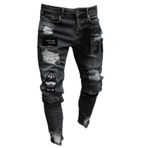 Expeum Kot pantolon pantolon kot yırtık sokak moda elastik yıkanmış sıkı kişilik orta bel küçük bacak erkekler için, siyah, L-XL