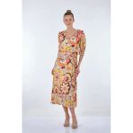 Explosion Midi V Yaka 3/4 Kol Çiçekli Elbise - Vintage Tarz