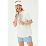 Exquise Bisiklet Yaka Cep Detaylı Çizgili Rahat Kalıp Örme Tişört, XL, cizgili-orme-tisort-a24k04176026, Ekru/Mavi, Kadın