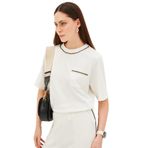 Exquise Bisiklet Yaka Şerit Detaylı Regular Örme Cepli Tişört, M, regular-orme-cepli-tisort-a24k04176001, Ekru, Kadın