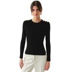 Exquise Bisiklet Yaka Uzun Kollu Düğme Detaylı Slim Fit Triko Siyah Bluz, SİYAH, L