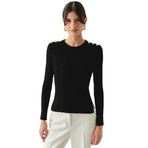 Exquise Bisiklet Yaka Uzun Kollu Düğme Detaylı Slim Fit Triko Siyah Bluz, SİYAH, M