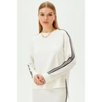 Exquise Çizgi Detaylı Oversize Ekru Sweatshirt, M, oversize-sweatshirt-a24k04175026, Ekru-Zebra, kadın