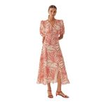Exquise Desenli Balon Kol V Yaka Düğmeli Regular Midi Rayon Şifon Elbise, Kırmızı-Kemik, 36