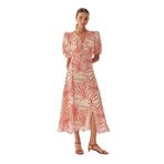 Exquise Desenli Balon Kol V Yaka Düğmeli Regular Midi Rayon Şifon Elbise, Kırmızı-Kemik, 40