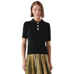 Exquise Gömlek Yaka Düğmeli Kısa Kollu Slim Fit Triko Bluz, SİYAH, M