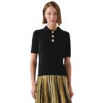 Exquise Gömlek Yaka Düğmeli Kısa Kollu Slim Fit Triko Bluz, SİYAH, S
