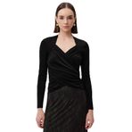 Exquise Kruvaze Yaka Drapeli Uzun Kollu Slim Fit Örme Bluz, S, E25K05122014, Siyah, Kadın