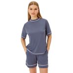 Exquise Şerit Detaylı Regular Örme Tişört, L, regular-orme-tisort-a24k04176027, Indigo, Kadın