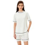 Exquise Şerit Detaylı Regular Örme Tişört, M, regular-orme-tisort-a24k04176027, Ekru, Kadın