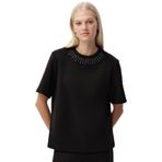 Exquise Taş Detaylı Bisiklet Yaka Kısa Kollu T-Shirt, L, E25K05173002, Siyah, Kadın