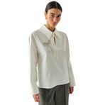 Exquise Uzun Kollu Fiyonk İşlemeli Gömlek Yaka Oversize Bluz, KEMİK, 36
