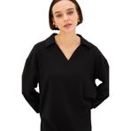 Exquise V Yaka Düşük Kol Regular Örme Sweatshirt, M, dusuk-kol-sweatshirt-a24k04175005, Siyah, kadın