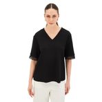 Exquise V Yaka Kolları Dantelli Rahat Kalıp Örme Tişört, S, dantelli-regular-tisort-a24k04176009, Siyah, Kadın