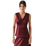 Exquise V Yaka Slim Fit Saten Görünümlü Vişne Bluz, VİŞNE, 34