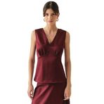 Exquise V Yaka Slim Fit Saten Görünümlü Vişne Bluz, VİŞNE, 36