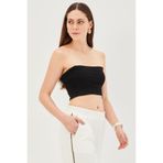 Exquise Yandan Lastikli Örme Straplez Slim Fit Crop Bluz, S, yandan-lastikli-orme-crop-a24k04122001, Siyah, Kadın