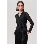 Exquise Yılan Desenli Kruvaze Uzun Kollu Slim Fit Tül Yeşil Bluz