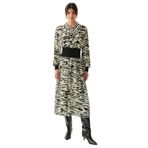 Exquise Zebra Desenli Beli Ribanalı Regular Astarlı Midi Siyah Kemik Elbise, SİYAH-KEMİK, 36