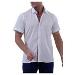 Exve Exclusive Beyaz Flamlı Keten Siyah Şal Desen Yaka ve Garni Detaylı Slim Fit Kısa Kollu Gömlek