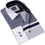 Exve Exclusive Beyaz Üzerine Göğüsü Lacivert Çizgili Özel Pano Kesim Slim Fit Uzun Kol Erkek Gömlek - 2XL