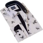 Exve Exclusive Beyaz Üzerine Siyah Kuş Baskılı Pamuk Slim Fit Uzun Kol Erkek Gömlek10