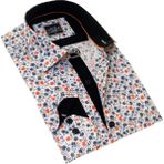 Exve Exclusive Beyaz Üzerine Turuncu Mavi Çiçek Desen Baskılı Slim Fit Uzun Kol Erkek Gömlek10 - Beyaz - Turuncu