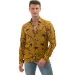 Exve Exclusive Hardal Sarı Üzeri Siyah Baskılı Tasarım Karton Kutulu Slim Fit Uzun Kol Erkek Gömlek - 2XL