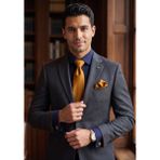 Exve Exclusive Lacivert Duble Manşet Slim Fit Gömek ile Hardal Kravat, Kol Düğmesi ve Mendil 4'lü Hediyelik Kutulu Set - Lacivert - Hardal - 2XL