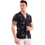 Exve Exclusive Lacivert Mavi Kırmızı Baskılı Havana Temalı Nefes Alan Slim Fit Kısa Kollu Erkek Gömlek